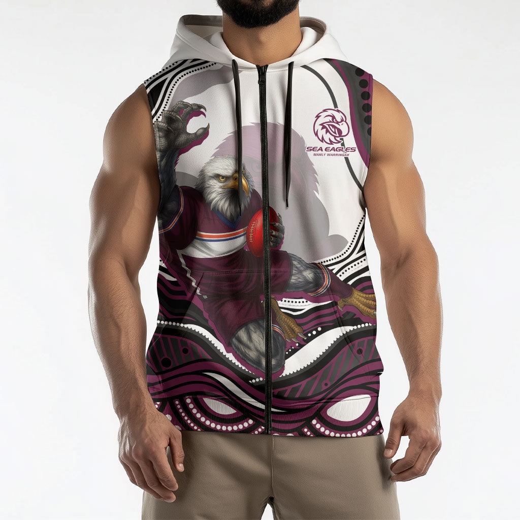 Personalized Manly Warringah Sea Eagles Sleeveless Zip Hoodie Aboriginal Dot Art - Dreamtime Rugby Mascot