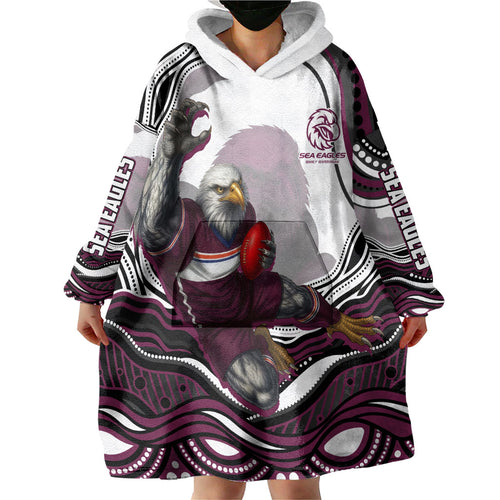 Personalized Manly Warringah Sea Eagles Wearable Blanket Hoodie Aboriginal Dot Art - Dreamtime Rugby Mascot