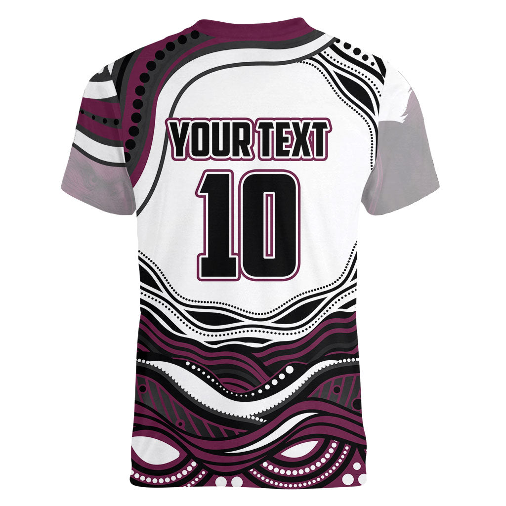 Personalized Manly Warringah Sea Eagles Women V-Neck T-Shirt Aboriginal Dot Art - Dreamtime Rugby Mascot