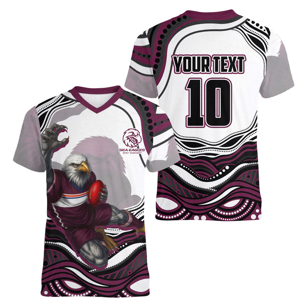 Personalized Manly Warringah Sea Eagles Women V-Neck T-Shirt Aboriginal Dot Art - Dreamtime Rugby Mascot