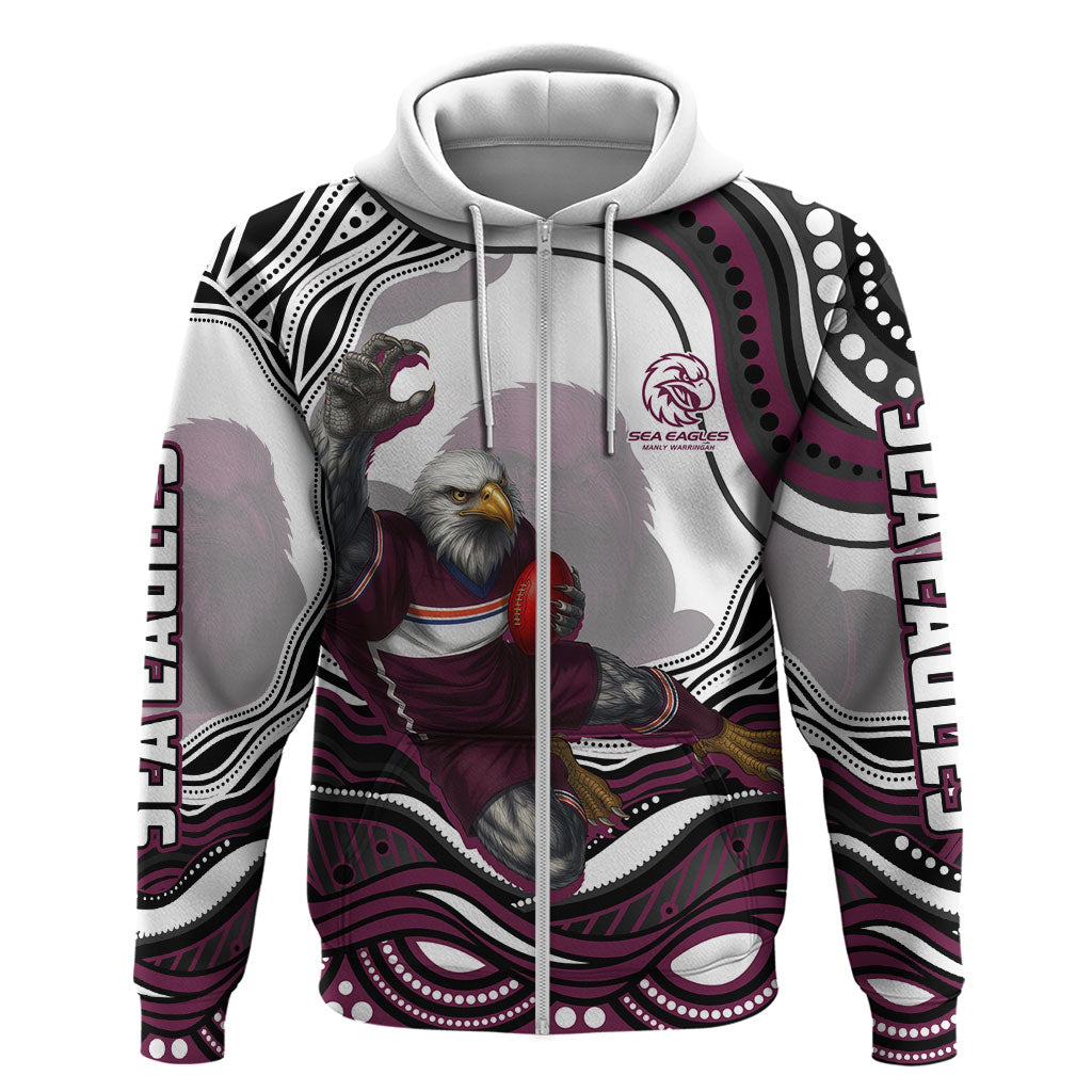 Personalized Manly Warringah Sea Eagles Zip Hoodie Aboriginal Dot Art - Dreamtime Rugby Mascot