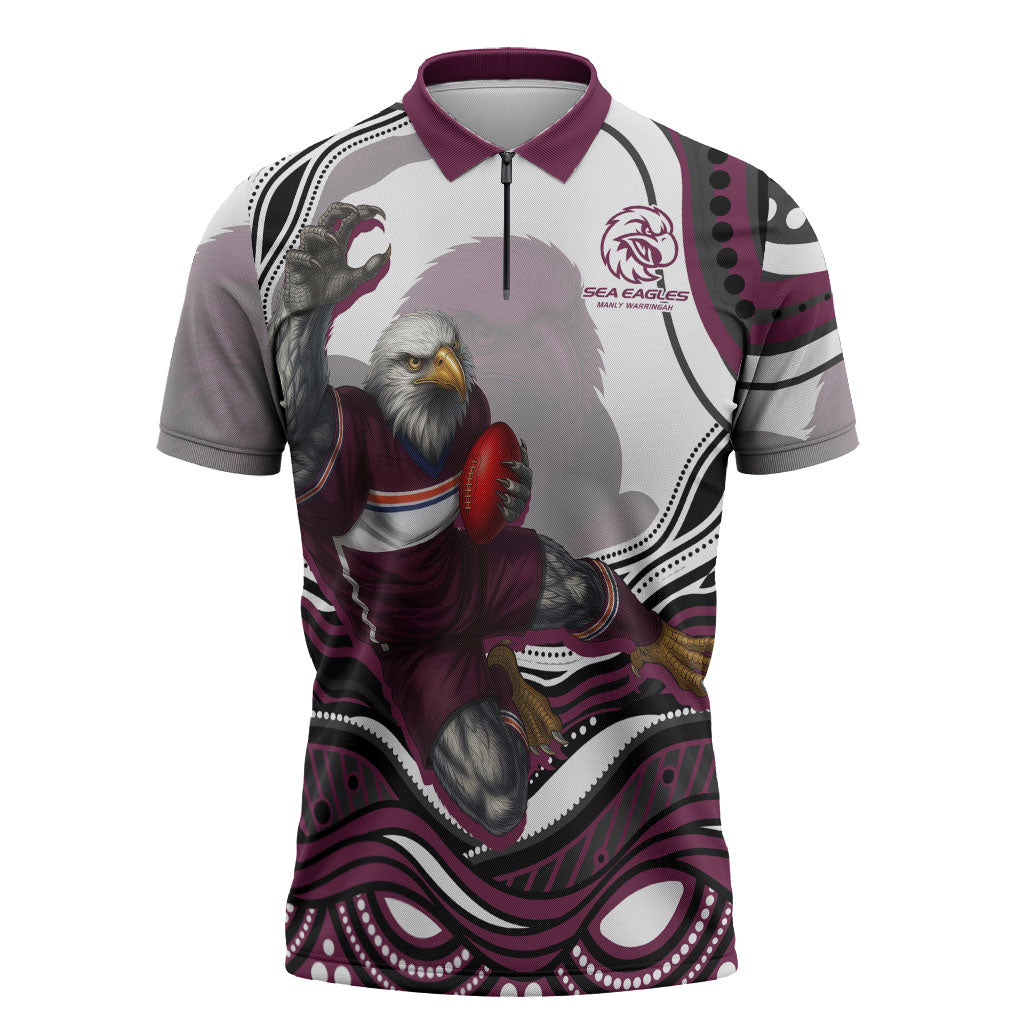 Personalized Manly Warringah Sea Eagles Zipper Polo Shirt Aboriginal Dot Art - Dreamtime Rugby Mascot