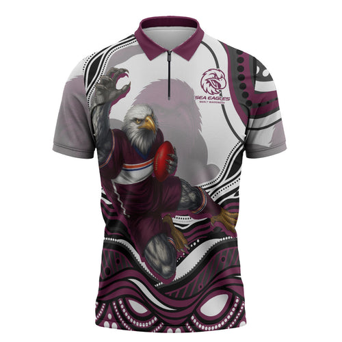 Personalized Manly Warringah Sea Eagles Zipper Polo Shirt Aboriginal Dot Art - Dreamtime Rugby Mascot