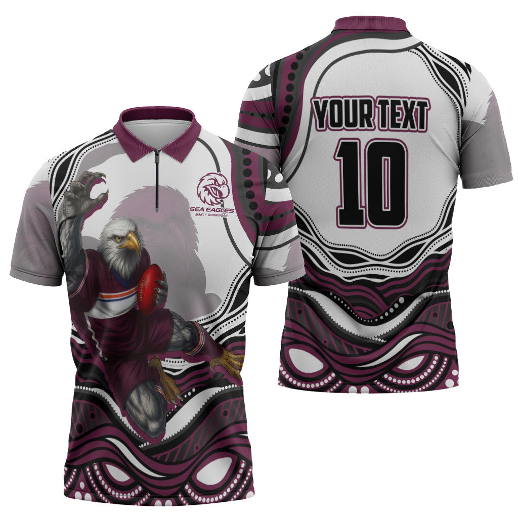 Personalized Manly Warringah Sea Eagles Zipper Polo Shirt Aboriginal Dot Art - Dreamtime Rugby Mascot