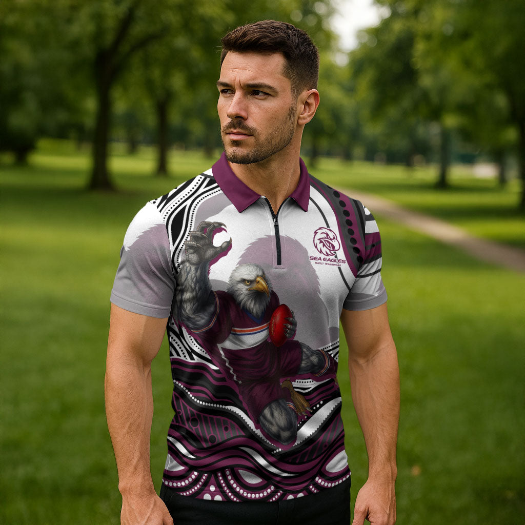 Personalized Manly Warringah Sea Eagles Zipper Polo Shirt Aboriginal Dot Art - Dreamtime Rugby Mascot