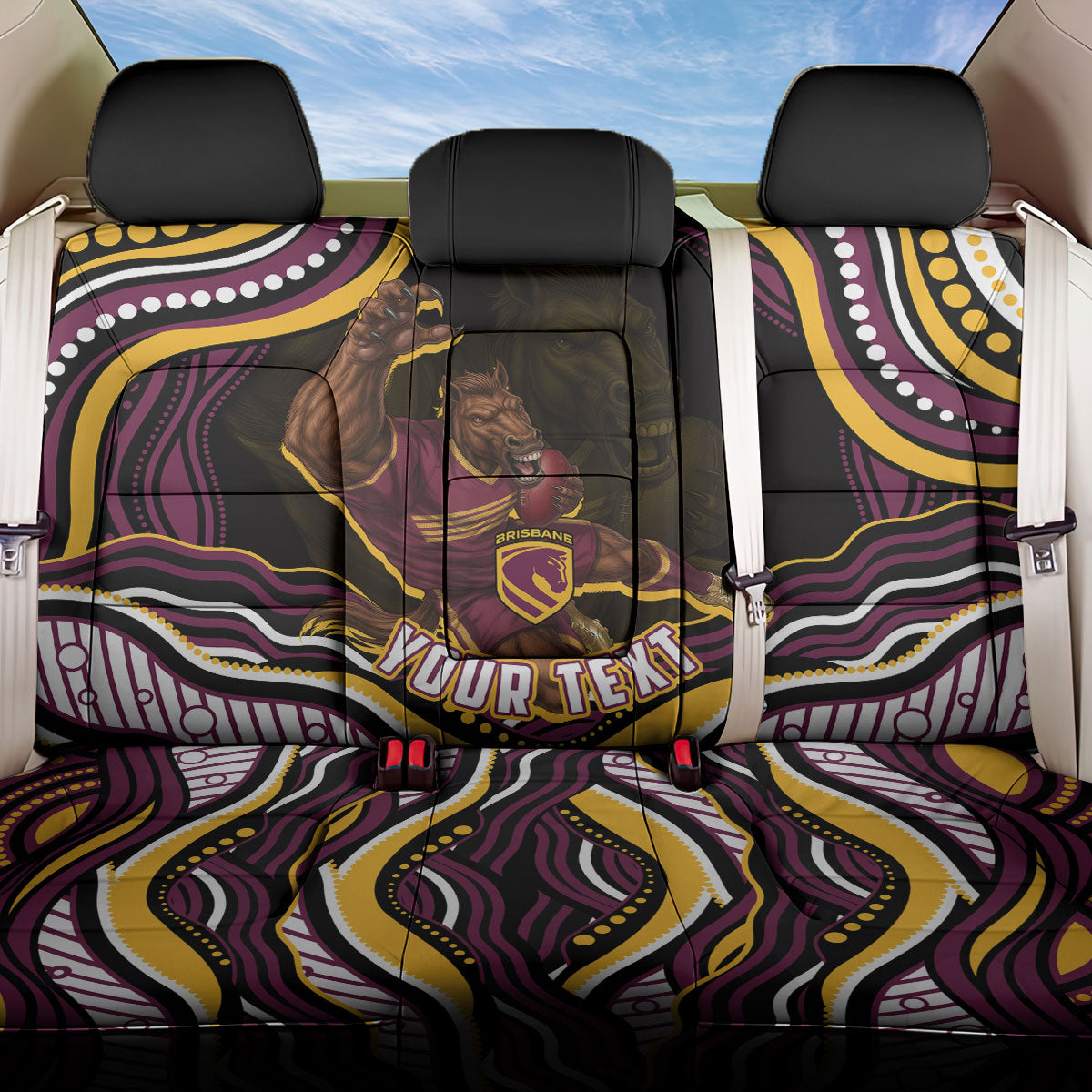 Personalized Brisbane Broncos Back Car Seat Cover Aboriginal Dot Art - Dreamtime Rugby Mascot