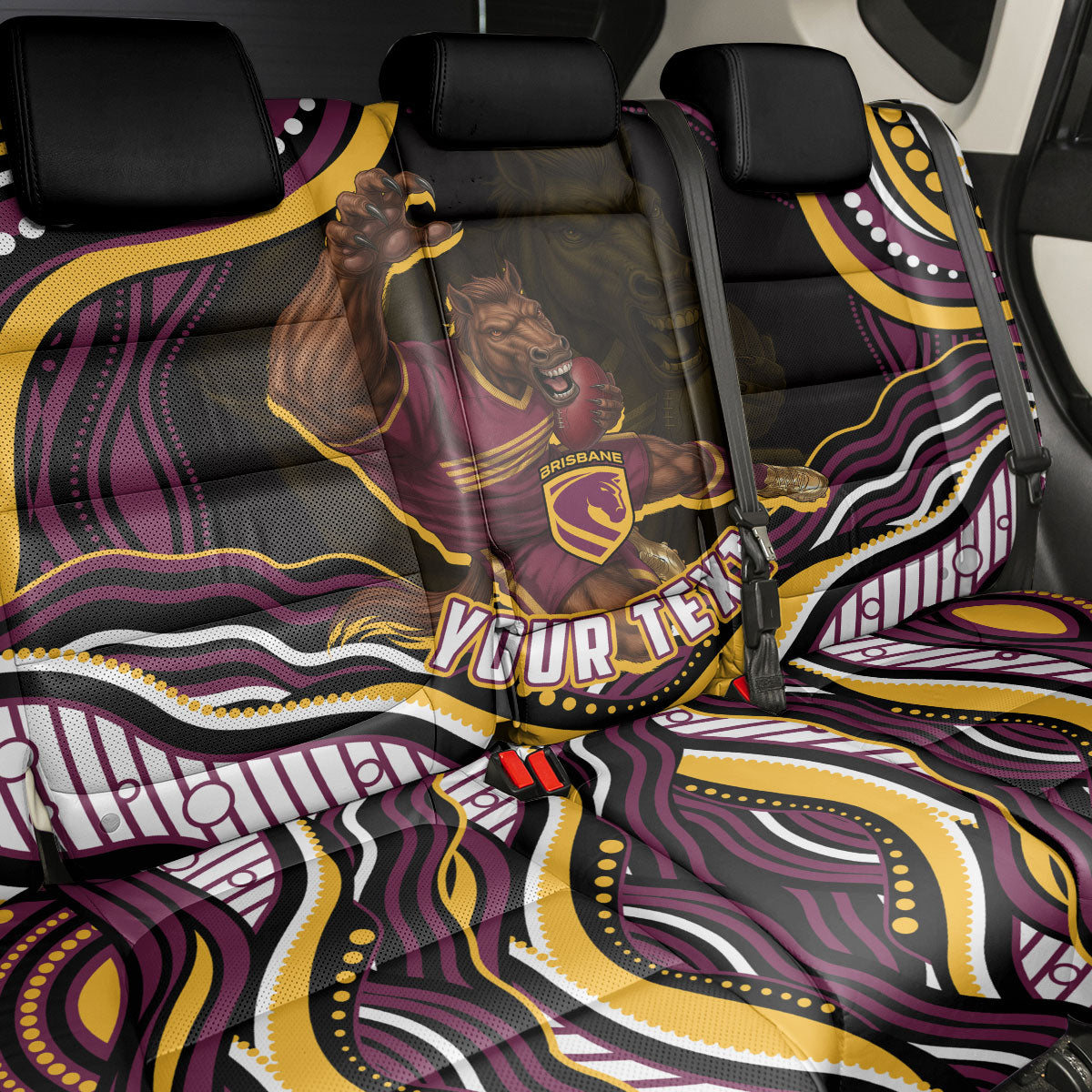 Personalized Brisbane Broncos Back Car Seat Cover Aboriginal Dot Art - Dreamtime Rugby Mascot