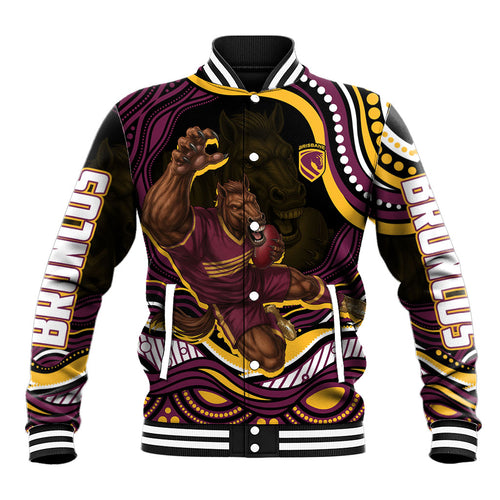 Personalized Brisbane Broncos Baseball Jacket Aboriginal Dot Art - Dreamtime Rugby Mascot