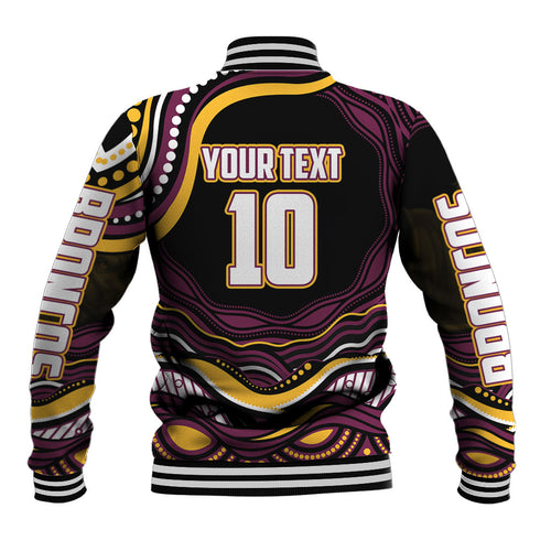 Personalized Brisbane Broncos Baseball Jacket Aboriginal Dot Art - Dreamtime Rugby Mascot