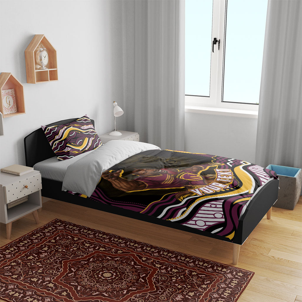 Personalized Brisbane Broncos Bedding Set Aboriginal Dot Art - Dreamtime Rugby Mascot