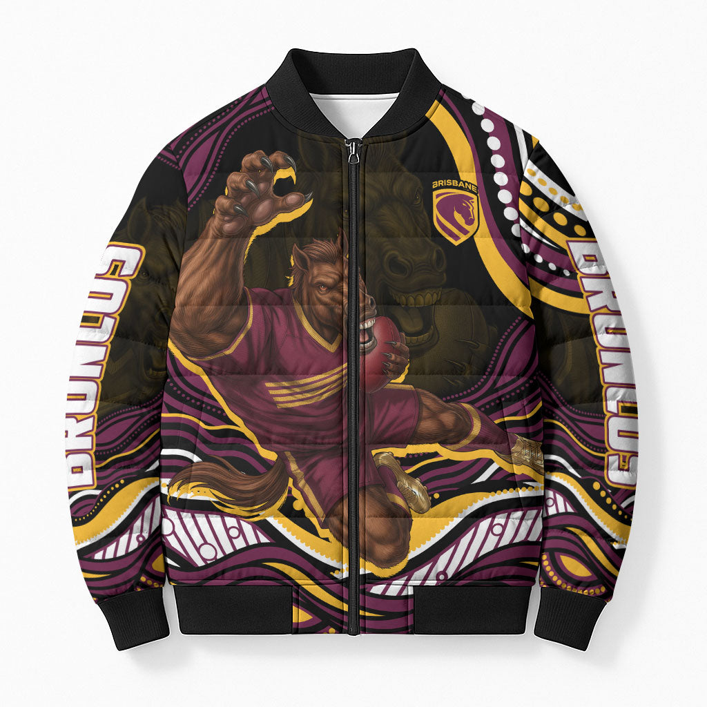 Personalized Brisbane Broncos Bomber Puffer Jacket Aboriginal Dot Art - Dreamtime Rugby Mascot
