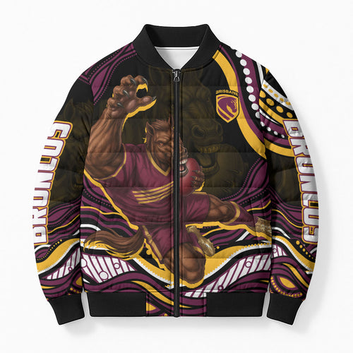 Personalized Brisbane Broncos Bomber Puffer Jacket Aboriginal Dot Art - Dreamtime Rugby Mascot