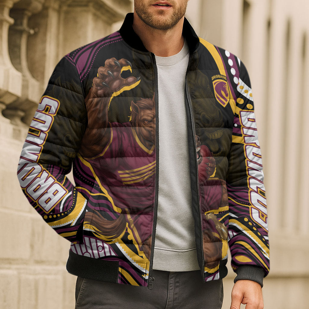 Personalized Brisbane Broncos Bomber Puffer Jacket Aboriginal Dot Art - Dreamtime Rugby Mascot