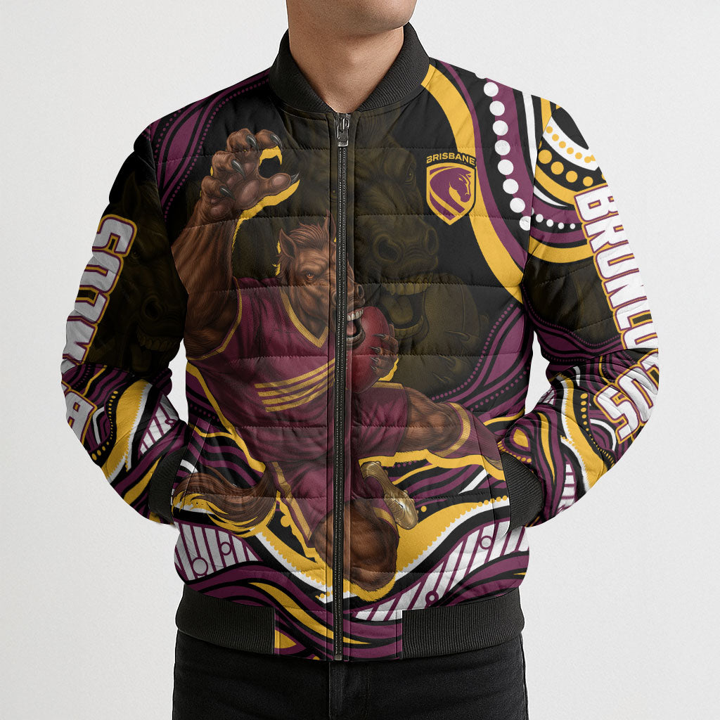 Personalized Brisbane Broncos Bomber Puffer Jacket Aboriginal Dot Art - Dreamtime Rugby Mascot