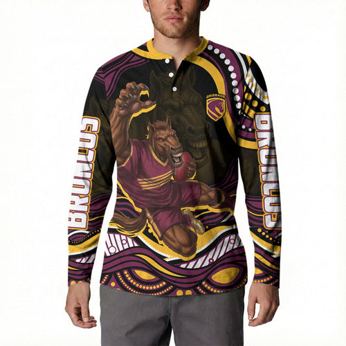 Personalized Brisbane Broncos Button Sweatshirt Aboriginal Dot Art - Dreamtime Rugby Mascot