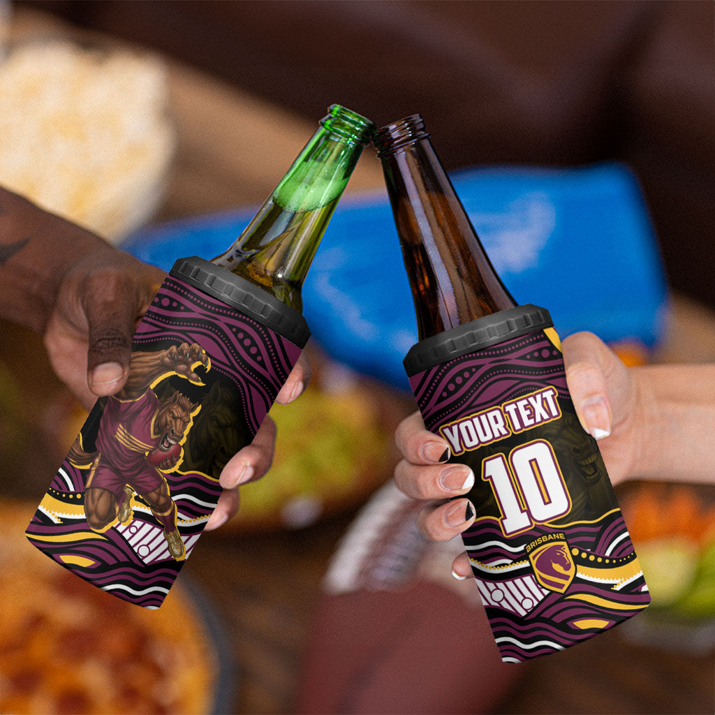 Personalized Brisbane Broncos 4 in 1 Can Cooler Tumbler Aboriginal Dot Art - Dreamtime Rugby Mascot