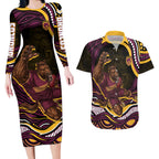 Personalized Brisbane Broncos Couples Matching Long Sleeve Bodycon Dress and Hawaiian Shirt Aboriginal Dot Art - Dreamtime Rugby Mascot