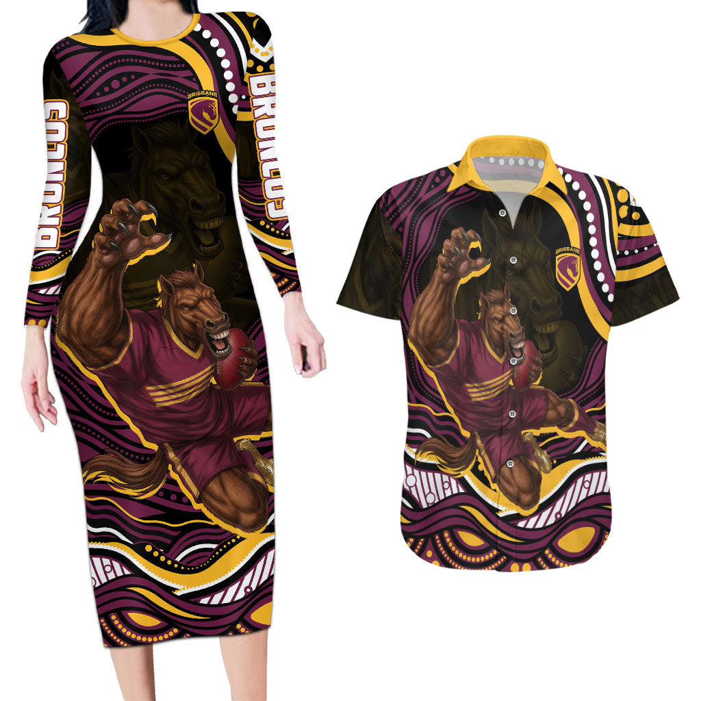 Personalized Brisbane Broncos Couples Matching Long Sleeve Bodycon Dress and Hawaiian Shirt Aboriginal Dot Art - Dreamtime Rugby Mascot