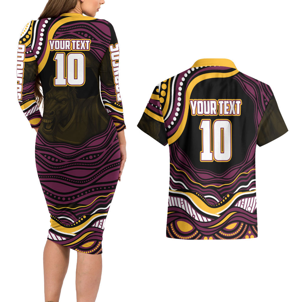 Personalized Brisbane Broncos Couples Matching Long Sleeve Bodycon Dress and Hawaiian Shirt Aboriginal Dot Art - Dreamtime Rugby Mascot
