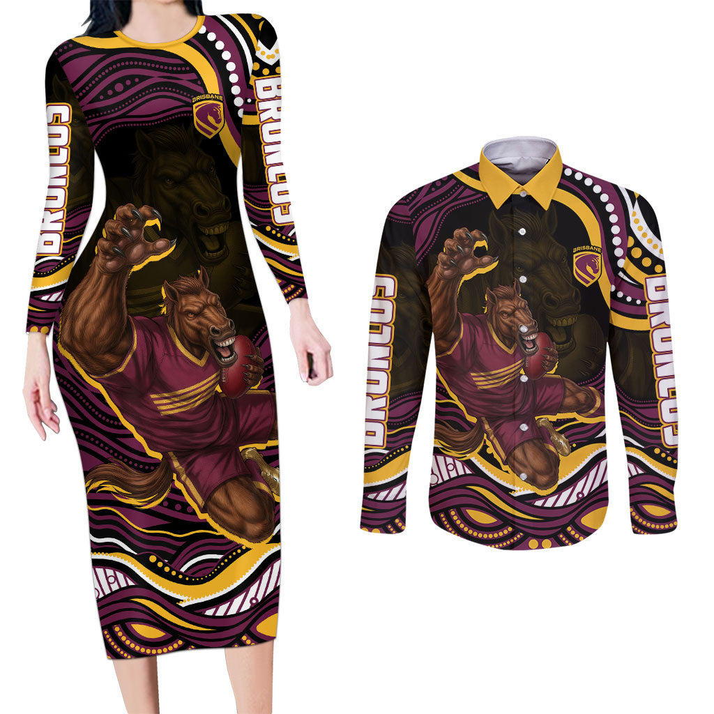Personalized Brisbane Broncos Couples Matching Long Sleeve Bodycon Dress and Long Sleeve Button Shirt Aboriginal Dot Art - Dreamtime Rugby Mascot