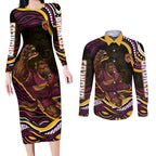Personalized Brisbane Broncos Couples Matching Long Sleeve Bodycon Dress and Long Sleeve Button Shirt Aboriginal Dot Art - Dreamtime Rugby Mascot