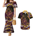 Personalized Brisbane Broncos Couples Matching Mermaid Dress and Hawaiian Shirt Aboriginal Dot Art - Dreamtime Rugby Mascot