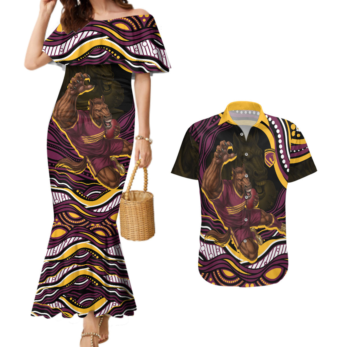 Personalized Brisbane Broncos Couples Matching Mermaid Dress and Hawaiian Shirt Aboriginal Dot Art - Dreamtime Rugby Mascot