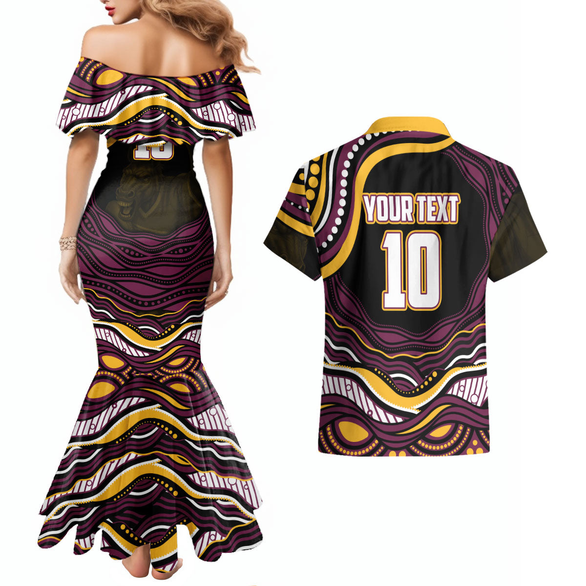 Personalized Brisbane Broncos Couples Matching Mermaid Dress and Hawaiian Shirt Aboriginal Dot Art - Dreamtime Rugby Mascot