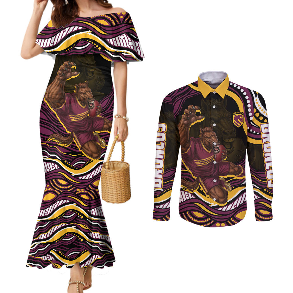 Personalized Brisbane Broncos Couples Matching Mermaid Dress and Long Sleeve Button Shirt Aboriginal Dot Art - Dreamtime Rugby Mascot