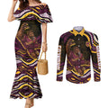 Personalized Brisbane Broncos Couples Matching Mermaid Dress and Long Sleeve Button Shirt Aboriginal Dot Art - Dreamtime Rugby Mascot