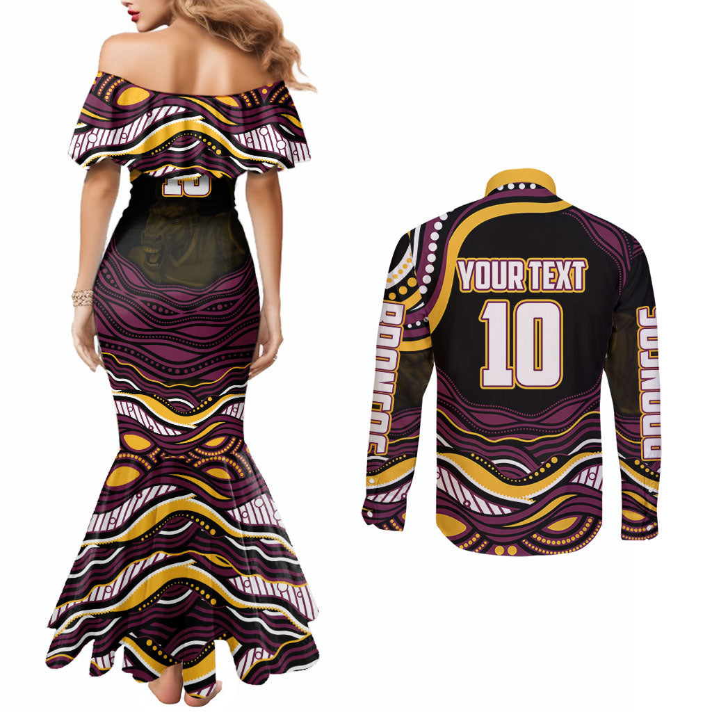 Personalized Brisbane Broncos Couples Matching Mermaid Dress and Long Sleeve Button Shirt Aboriginal Dot Art - Dreamtime Rugby Mascot