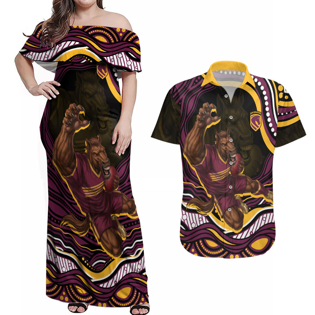 Personalized Brisbane Broncos Couples Matching Off Shoulder Maxi Dress and Hawaiian Shirt Aboriginal Dot Art - Dreamtime Rugby Mascot