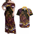 Personalized Brisbane Broncos Couples Matching Off Shoulder Maxi Dress and Hawaiian Shirt Aboriginal Dot Art - Dreamtime Rugby Mascot