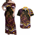 Personalized Brisbane Broncos Couples Matching Off Shoulder Maxi Dress and Hawaiian Shirt Aboriginal Dot Art - Dreamtime Rugby Mascot