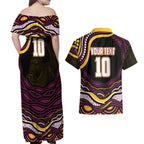 Personalized Brisbane Broncos Couples Matching Off Shoulder Maxi Dress and Hawaiian Shirt Aboriginal Dot Art - Dreamtime Rugby Mascot