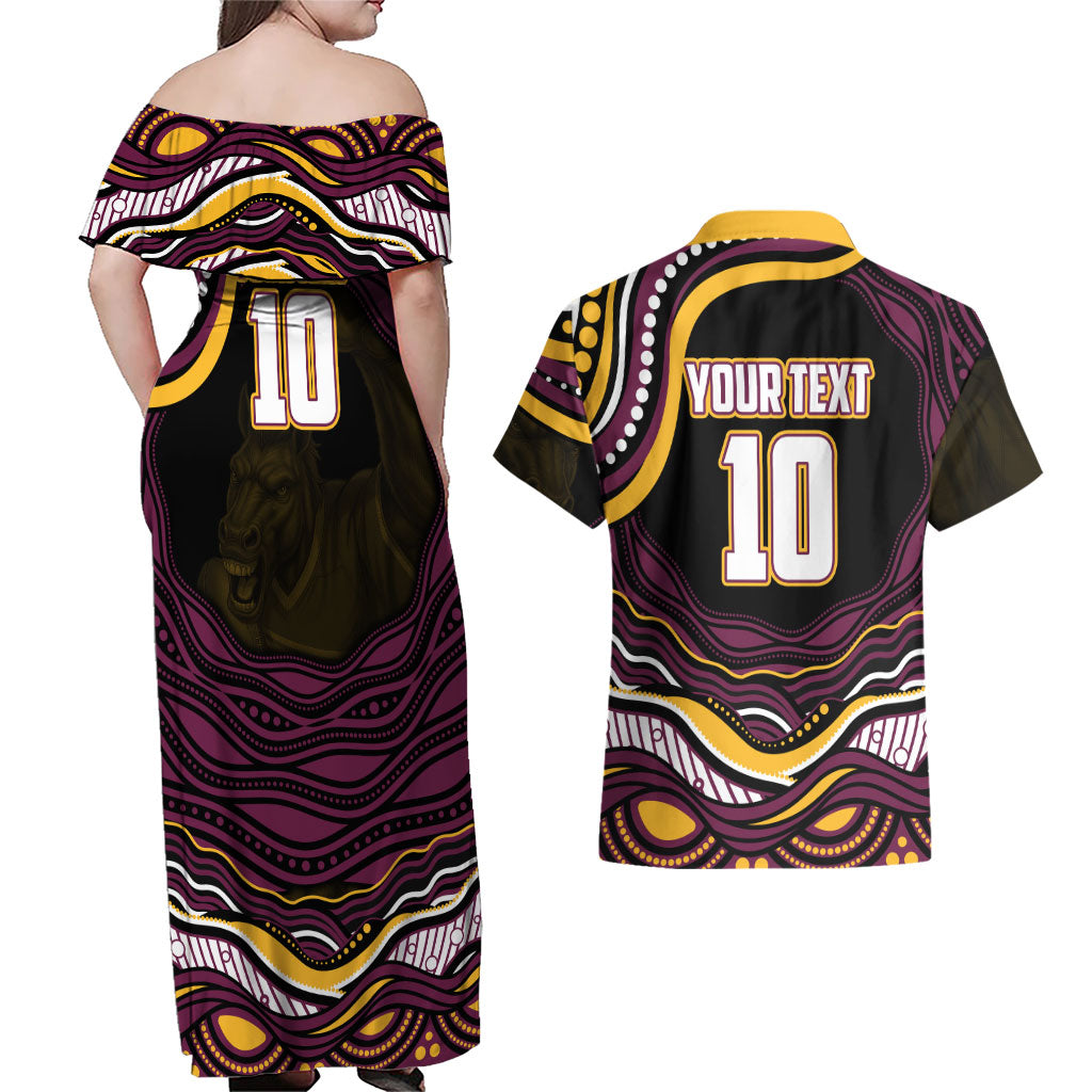 Personalized Brisbane Broncos Couples Matching Off Shoulder Maxi Dress and Hawaiian Shirt Aboriginal Dot Art - Dreamtime Rugby Mascot