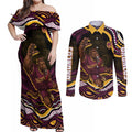 Personalized Brisbane Broncos Couples Matching Off Shoulder Maxi Dress and Long Sleeve Button Shirt Aboriginal Dot Art - Dreamtime Rugby Mascot