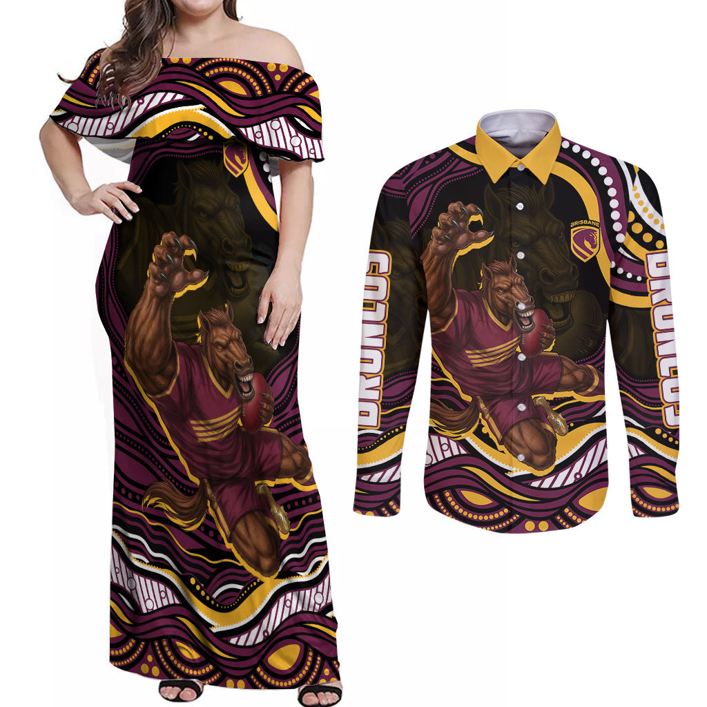 Personalized Brisbane Broncos Couples Matching Off Shoulder Maxi Dress and Long Sleeve Button Shirt Aboriginal Dot Art - Dreamtime Rugby Mascot