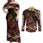 Personalized Brisbane Broncos Couples Matching Off Shoulder Maxi Dress and Long Sleeve Button Shirt Aboriginal Dot Art - Dreamtime Rugby Mascot