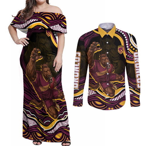Personalized Brisbane Broncos Couples Matching Off Shoulder Maxi Dress and Long Sleeve Button Shirt Aboriginal Dot Art - Dreamtime Rugby Mascot