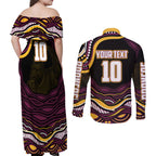 Personalized Brisbane Broncos Couples Matching Off Shoulder Maxi Dress and Long Sleeve Button Shirt Aboriginal Dot Art - Dreamtime Rugby Mascot