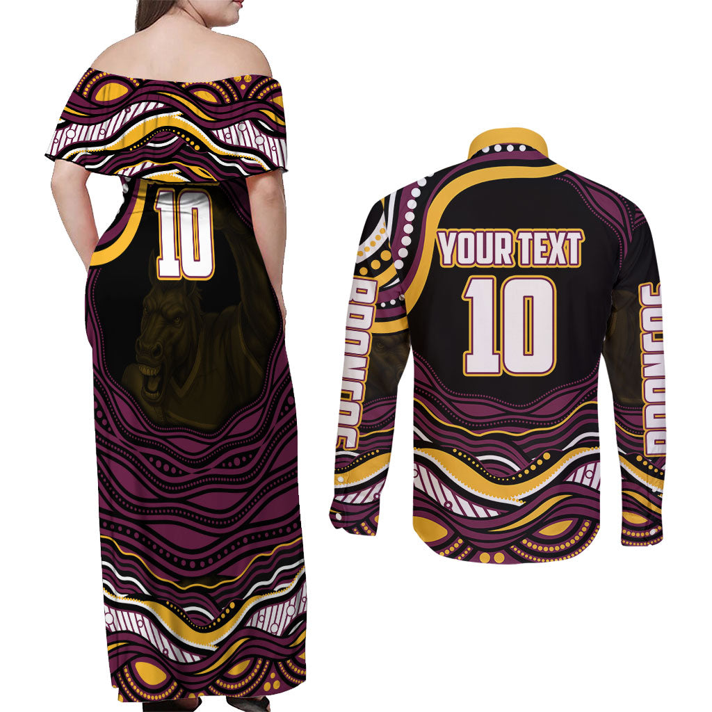 Personalized Brisbane Broncos Couples Matching Off Shoulder Maxi Dress and Long Sleeve Button Shirt Aboriginal Dot Art - Dreamtime Rugby Mascot