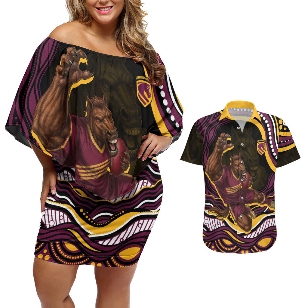 Personalized Brisbane Broncos Couples Matching Off Shoulder Short Dress and Hawaiian Shirt Aboriginal Dot Art - Dreamtime Rugby Mascot