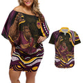 Personalized Brisbane Broncos Couples Matching Off Shoulder Short Dress and Hawaiian Shirt Aboriginal Dot Art - Dreamtime Rugby Mascot
