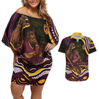 Personalized Brisbane Broncos Couples Matching Off Shoulder Short Dress and Hawaiian Shirt Aboriginal Dot Art - Dreamtime Rugby Mascot