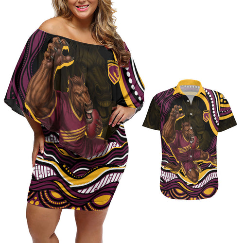Personalized Brisbane Broncos Couples Matching Off Shoulder Short Dress and Hawaiian Shirt Aboriginal Dot Art - Dreamtime Rugby Mascot