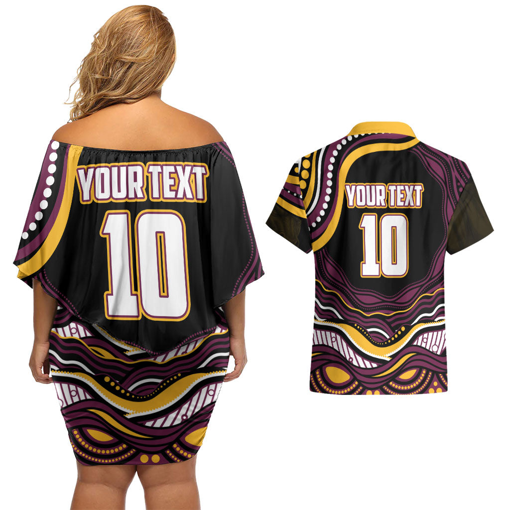 Personalized Brisbane Broncos Couples Matching Off Shoulder Short Dress and Hawaiian Shirt Aboriginal Dot Art - Dreamtime Rugby Mascot