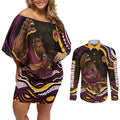 Personalized Brisbane Broncos Couples Matching Off Shoulder Short Dress and Long Sleeve Button Shirt Aboriginal Dot Art - Dreamtime Rugby Mascot