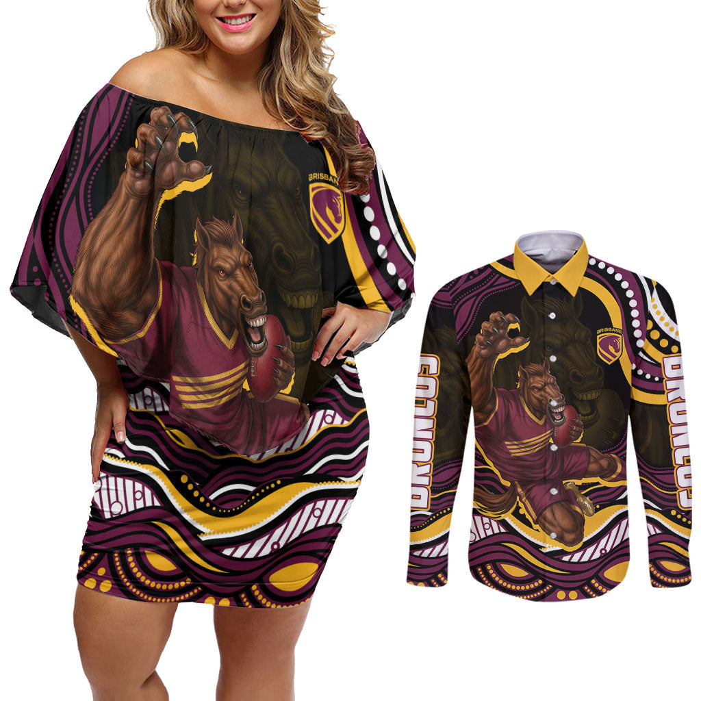 Personalized Brisbane Broncos Couples Matching Off Shoulder Short Dress and Long Sleeve Button Shirt Aboriginal Dot Art - Dreamtime Rugby Mascot