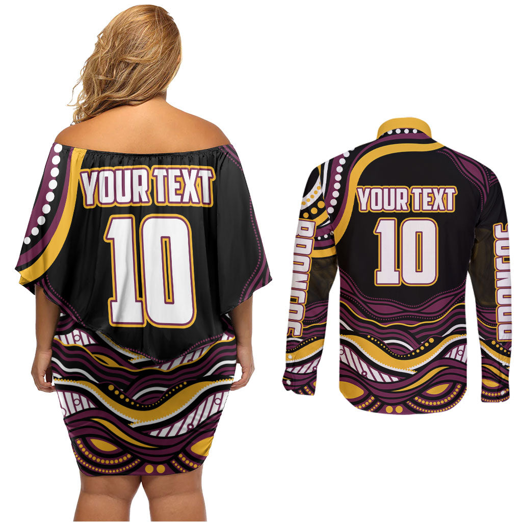 Personalized Brisbane Broncos Couples Matching Off Shoulder Short Dress and Long Sleeve Button Shirt Aboriginal Dot Art - Dreamtime Rugby Mascot